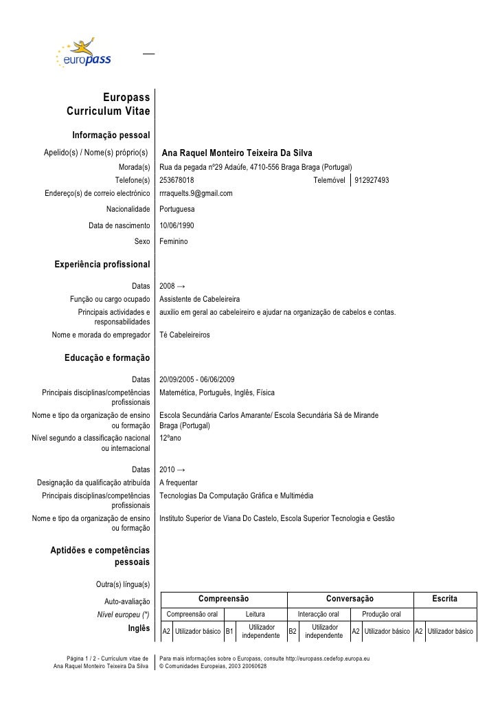 exemplo de curriculum vitae europass preenchido estudante exemplo de curriculum vitae europass preenchido estudante